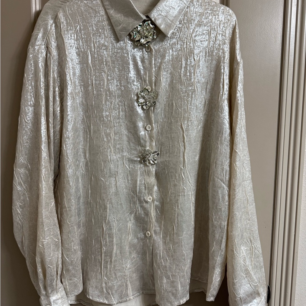 Elegant Cream Blouse with Decorative Brooches